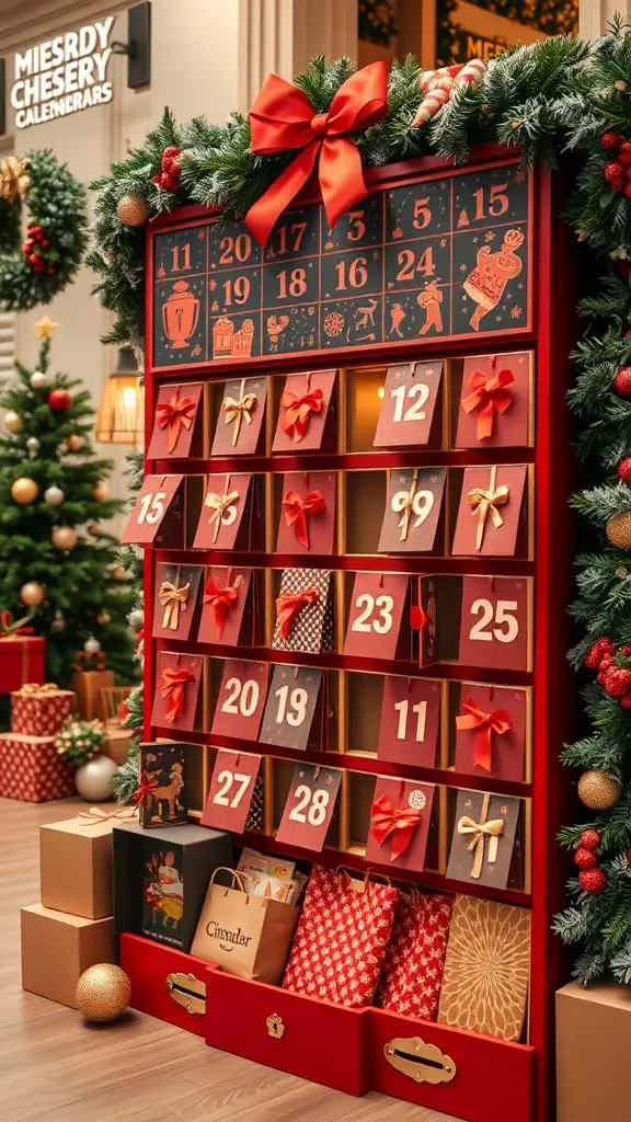 27+ Stunning Christmas Shop Decorations You Need This Season 5 A vibrant red interactive advent calendar with festive decorations, showcasing numbered doors for each day of December.