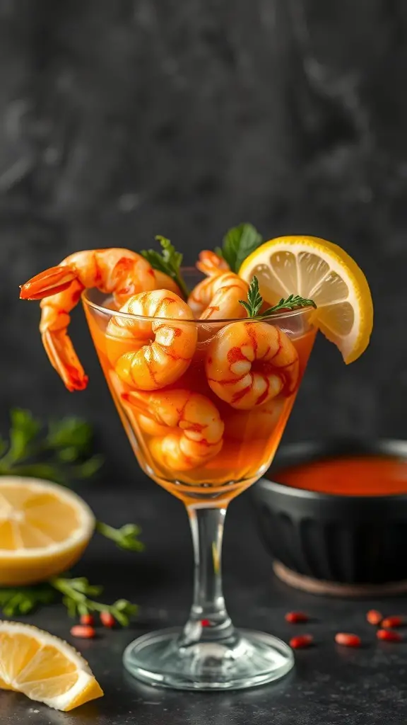 A glass of spicy shrimp cocktail with lemon and herbs.