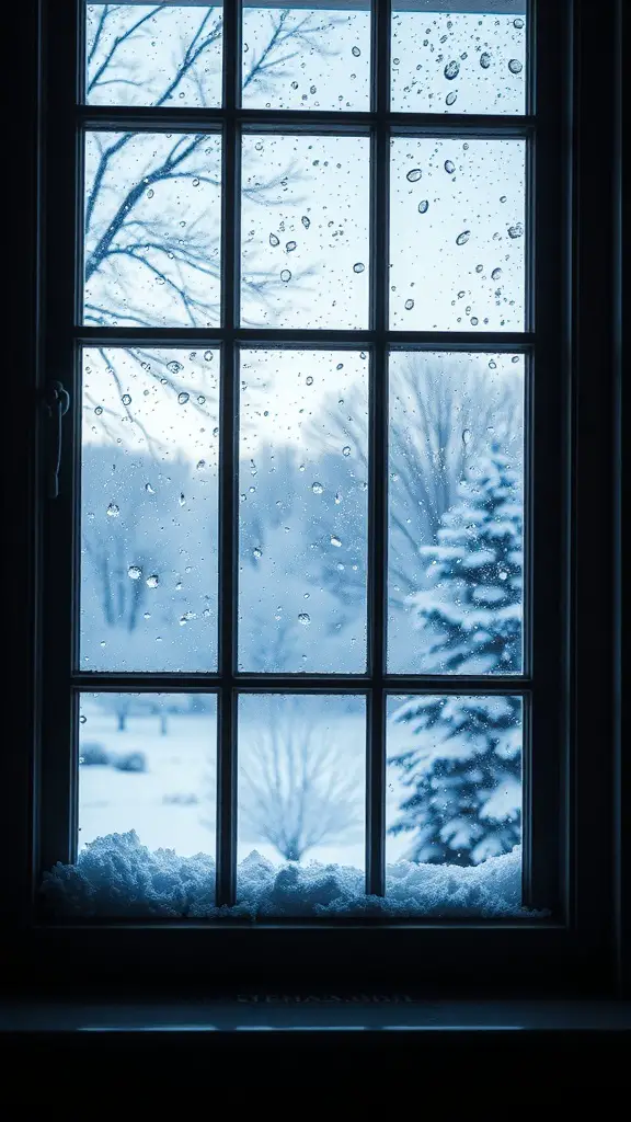 29+ Creative Winter Window Decoration Ideas for a Cozy Home 10 A snowy scene viewed through a window, with raindrops on the glass and snow on the windowsill.