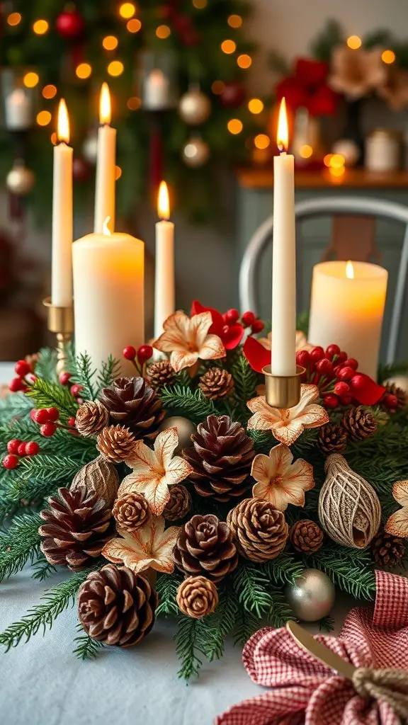 25+ Festive Cafe Christmas Decoration Ideas 8 A festive table centerpiece with candles, pinecones, and seasonal flowers.