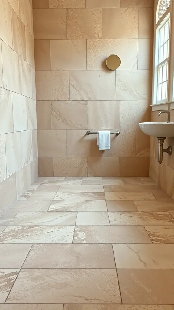 Bathroom floor with textured natural stone tiles in light colors.