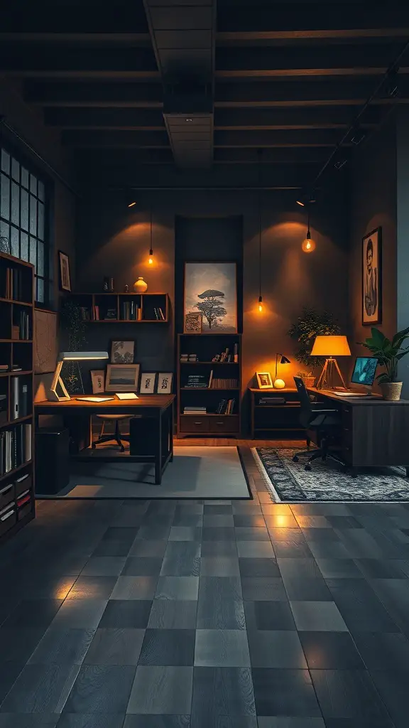 Cozy office space with dark wood accents and warm lighting
