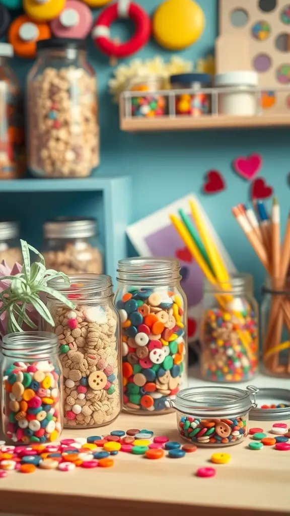 27+ Creative Mason Jar Storage Ideas for a Clutter-Free Home 5 Colorful mason jars filled with craft supplies like buttons and beads on a table.