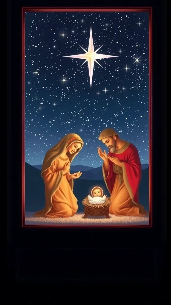Nativity scene with Mary, Joseph, and baby Jesus in a manger under a starry sky