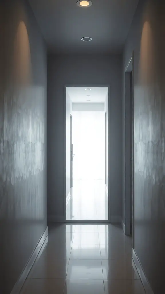 A bright and spacious hallway with light-colored walls and a door at the end.
