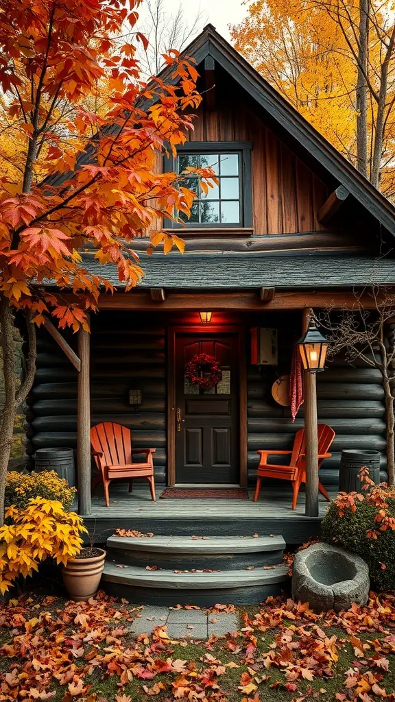 A vintage cabin exterior with autumn leaves and cozy porch seating.