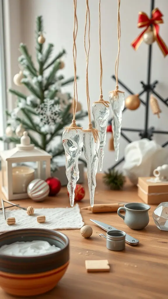 25+ Stunning Icicle Christmas Tree Ideas to Transform Your Holiday Decor 5 DIY icicle ornaments hanging above a festive table with a Christmas tree in the background
