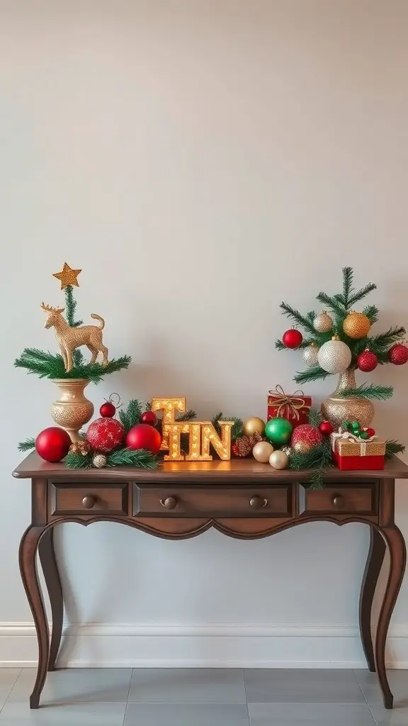29+ Stunning Christmas Console Table Decor Ideas 3 A beautifully decorated console table with glittering ornaments, baubles, and festive elements for Christmas.