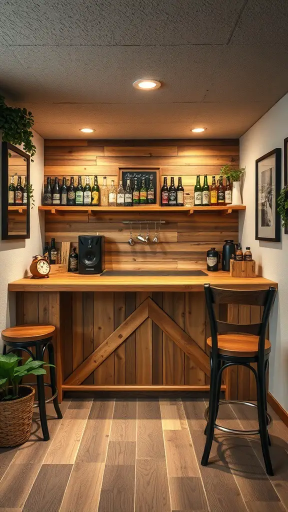 A cozy DIY pallet wood bar setup in a basement with shelves of drinks and seating.