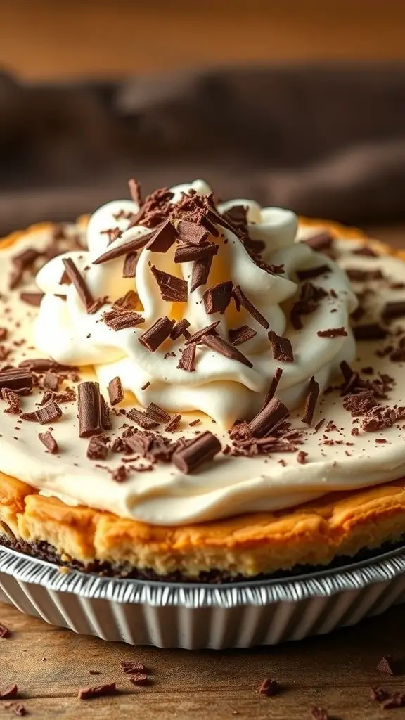 A delicious peanut butter pie topped with whipped cream and chocolate shavings