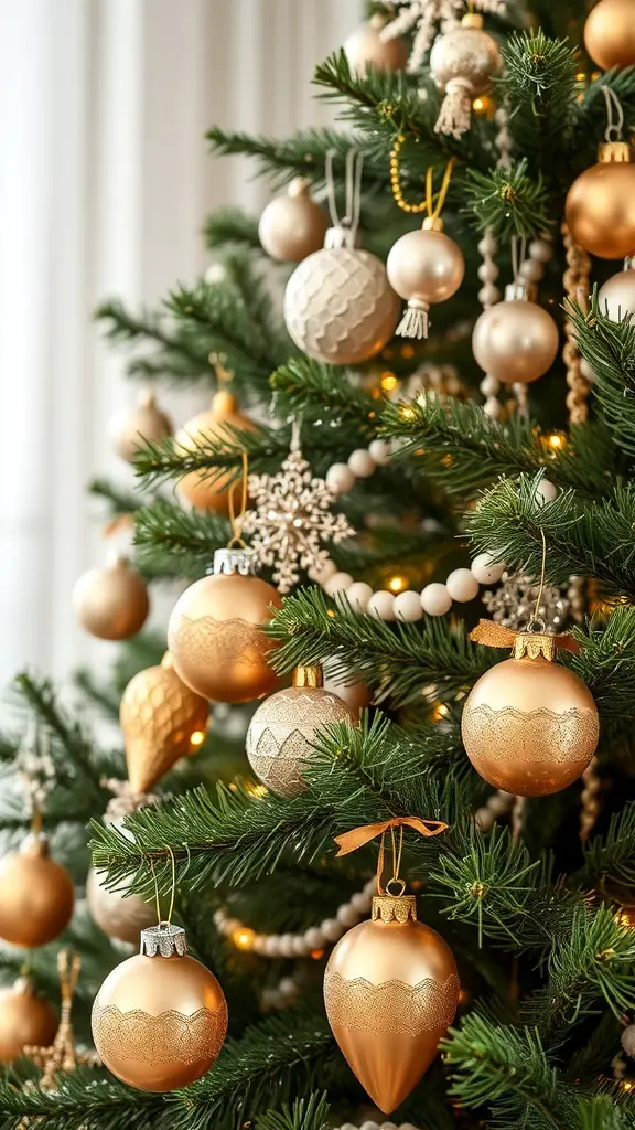 27+ Stunning Pearl Christmas Tree Decorations for a Glamorous Holiday Look 9 A beautifully decorated Christmas tree with pearl and gold ornaments.