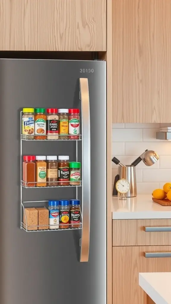 Magnetic spice rack attached to a refrigerator with various spice jars.
