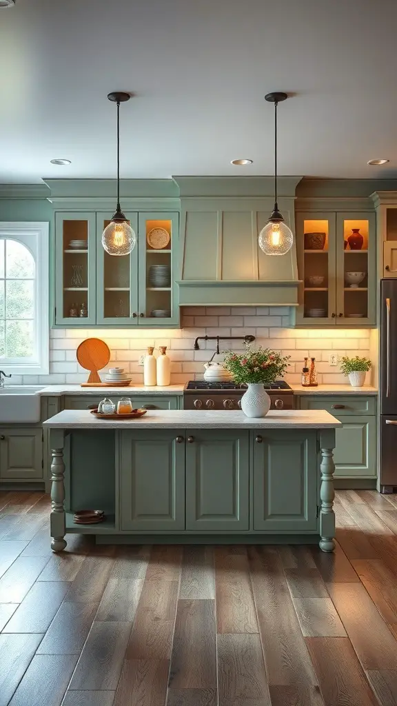 25+ Beautiful Sage Green Farmhouse Kitchen Cabinet Ideas 9 A kitchen featuring sage green cabinets with warm lighting and wooden flooring.