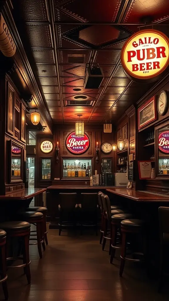 A classic pub-style basement bar with wooden fixtures, beer signs, and comfortable seating.