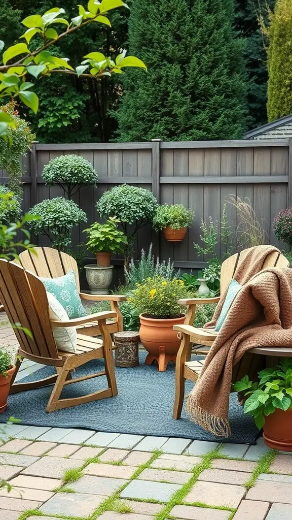 25+ Dreamy Garden Party Wedding Ideas for a Magical Celebration 6 Cozy garden seating arrangement with wooden chairs, potted plants, and a small table.