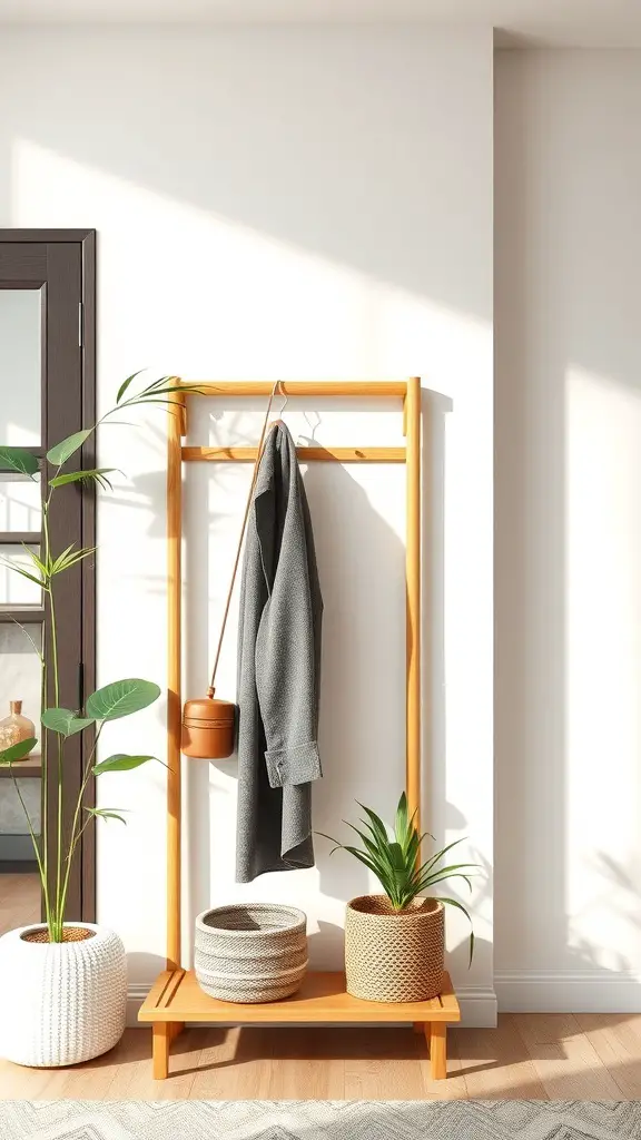 A wooden coat rack with a grey coat hanging, surrounded by potted plants.