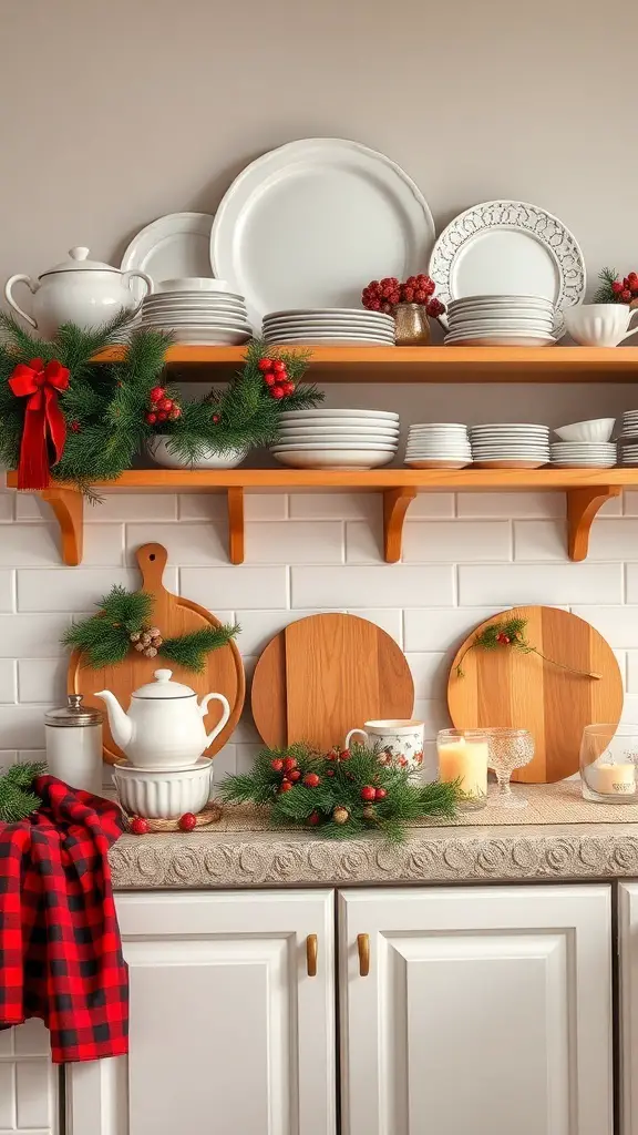 29+ Creative Christmas Decor Ideas for Above Kitchen Cabinets 12 A festive kitchen display with white plates, teapots, and seasonal decor above cabinets.