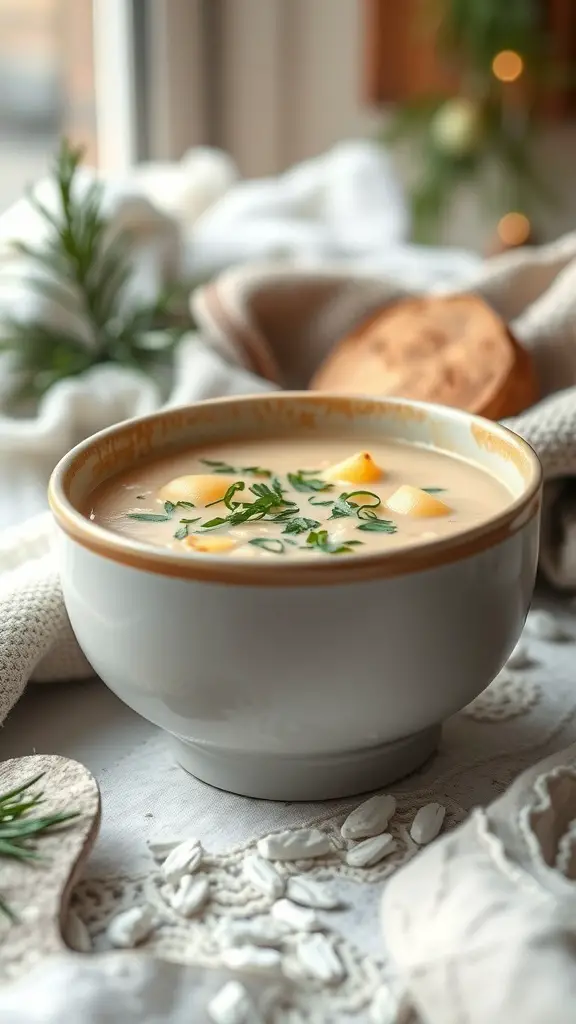 A bowl of creamy herbed potato and leek soup garnished with fresh herbs.