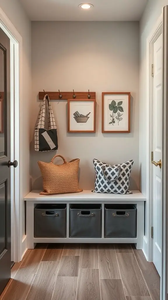 A stylish tote storage bench with fabric bins, decorative pillows, and wall hooks in a modern entryway.