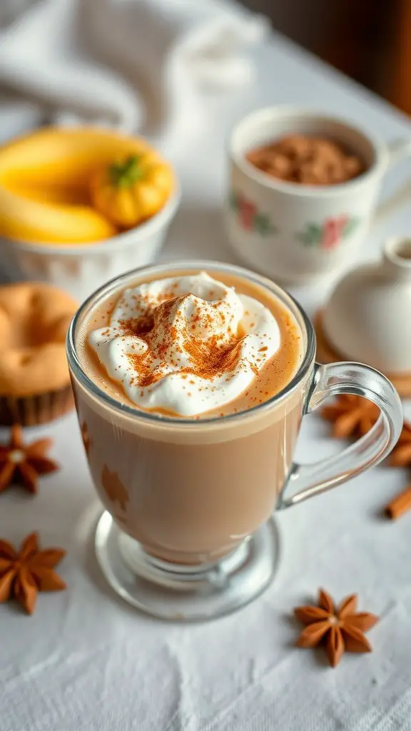 A cup of spiced chai tea topped with whipped cream, surrounded by cinnamon sticks and star anise.