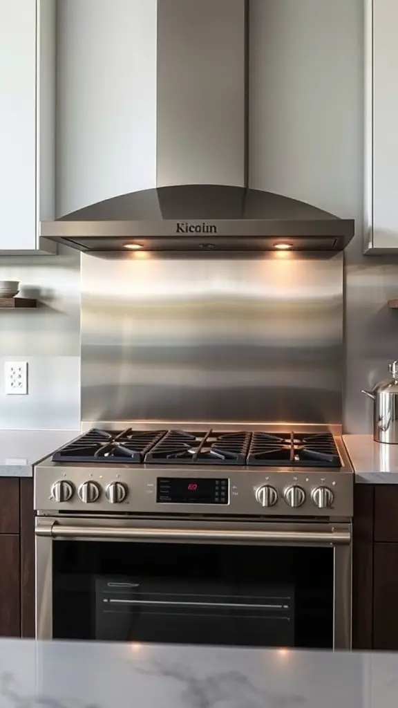 27+ Inspiring Stove Backsplash Ideas You’ll Love 8 A modern kitchen featuring a stainless steel backsplash and range, complemented by white cabinets and green plants.