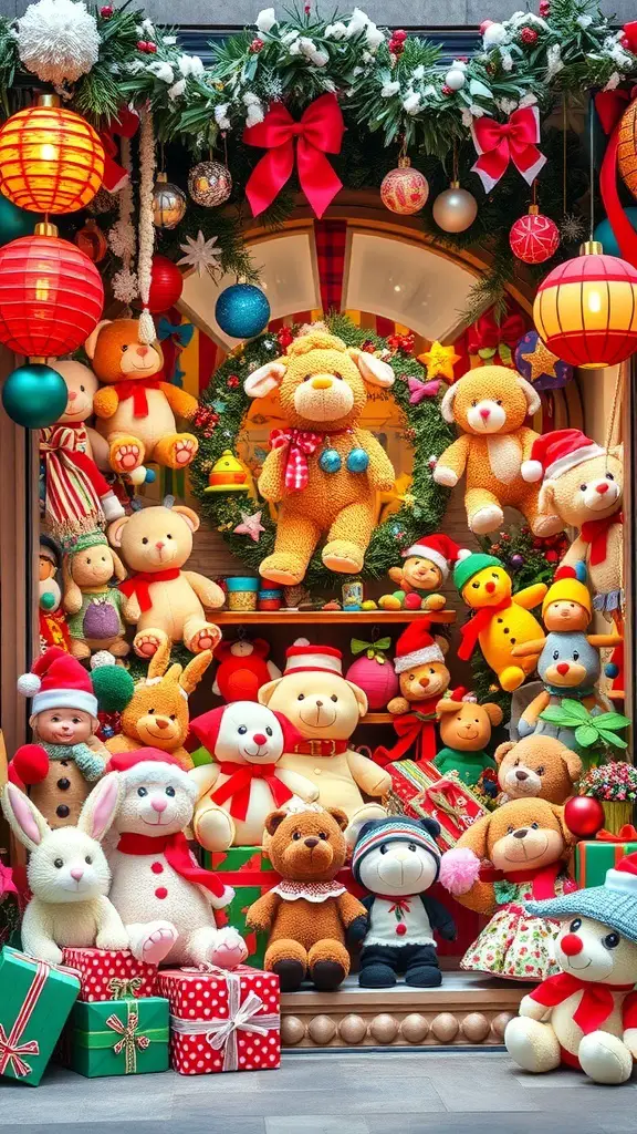 31+ Stunning Storefront Christmas Displays to Get You in the Holiday Spirit 7 Colorful holiday toy display featuring plush toys and festive decorations.
