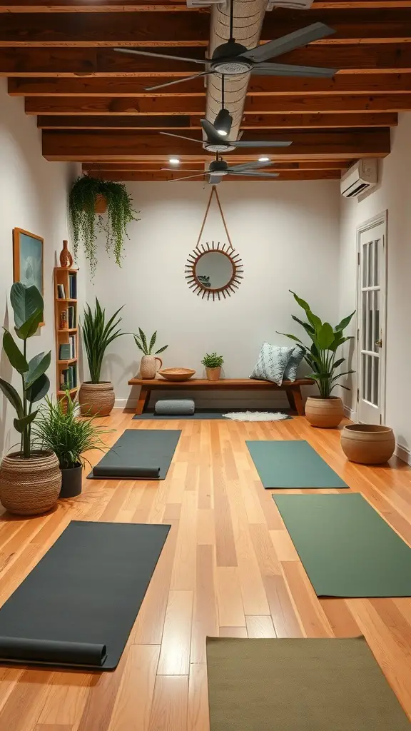 A serene yoga and meditation studio in a basement with wooden beams, plants, and yoga mats.