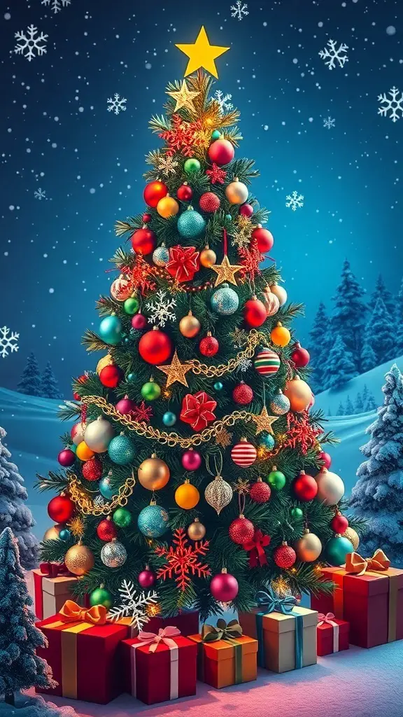 A colorful Christmas tree with ornaments and gifts in a snowy winter setting.