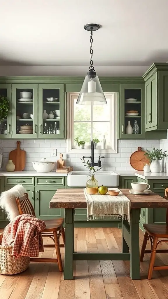 27+ Stunning Green Rustic Kitchen Cabinets for a Charming Makeover 12 A cozy kitchen featuring rustic green cabinets, a wooden table, and natural decor elements.