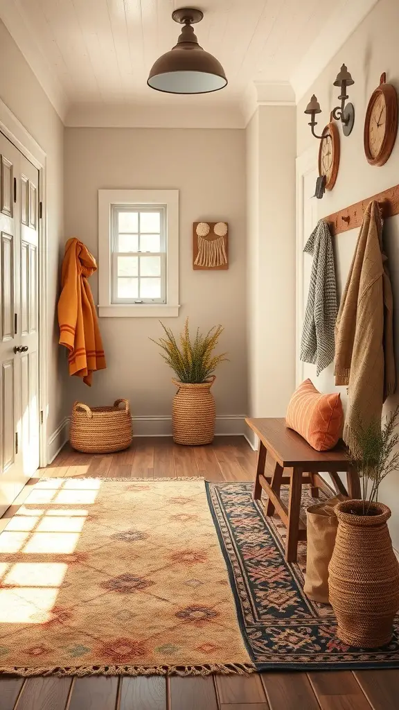 29+ Creative DIY Garage Mudroom Ideas You’ll Love 16 Cozy garage mudroom with a wooden bench, plants, and warm lighting.