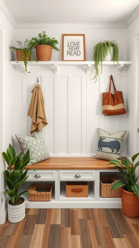 29+ Creative DIY Garage Mudroom Ideas You’ll Love 3 A cozy mudroom bench with storage, plants, and decorative pillows.