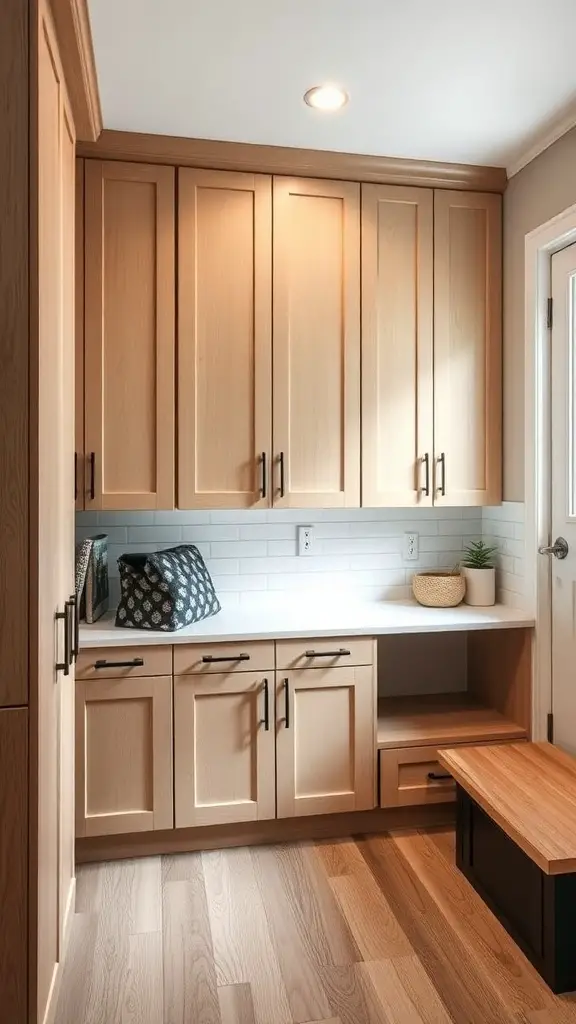 29+ Creative Mudroom Storage Ideas for a Clutter-Free Entrance 13 A modern mudroom featuring built-in light wood cabinets, a bench, and a clean countertop.