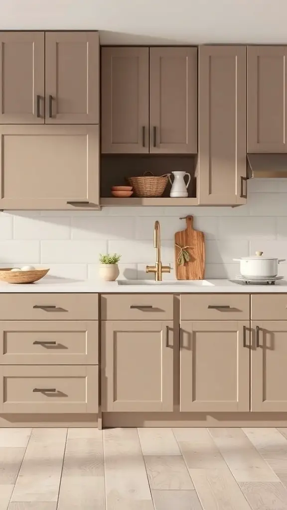 A taupe kitchen with cabinets, featuring black hardware and a light countertop.