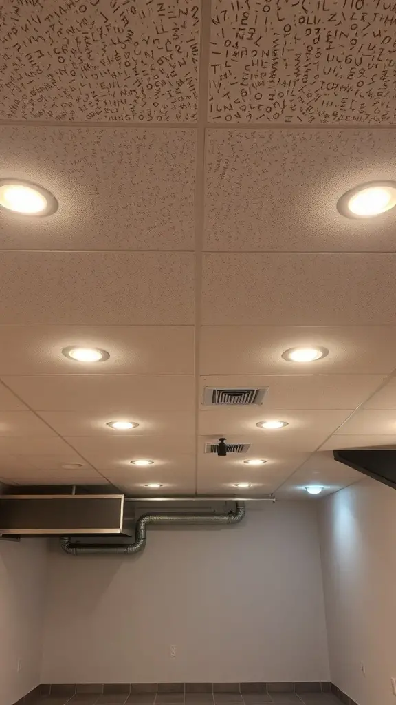 Basement ceiling with recessed lighting and unique letter design