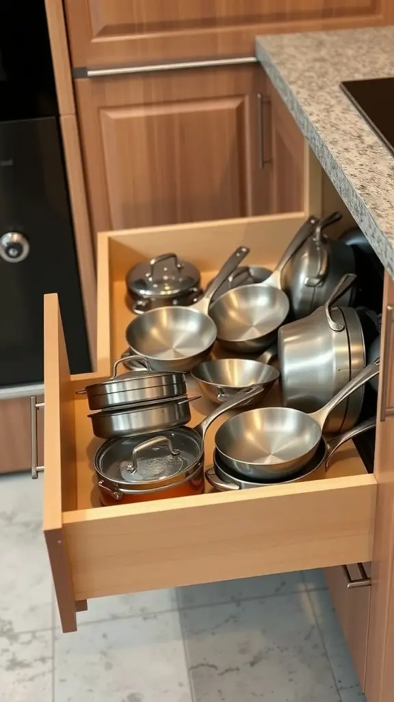 A pull-out drawer filled with various pots and pans in a kitchen