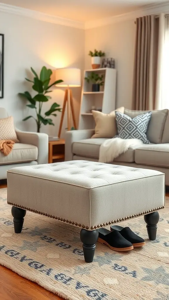 A stylish tufted ottoman in a cozy living room, with black and brown shoes placed beside it.