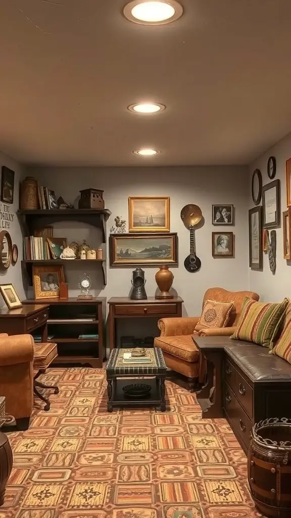 Cozy basement with farmhouse style featuring vintage furniture and family heirlooms.