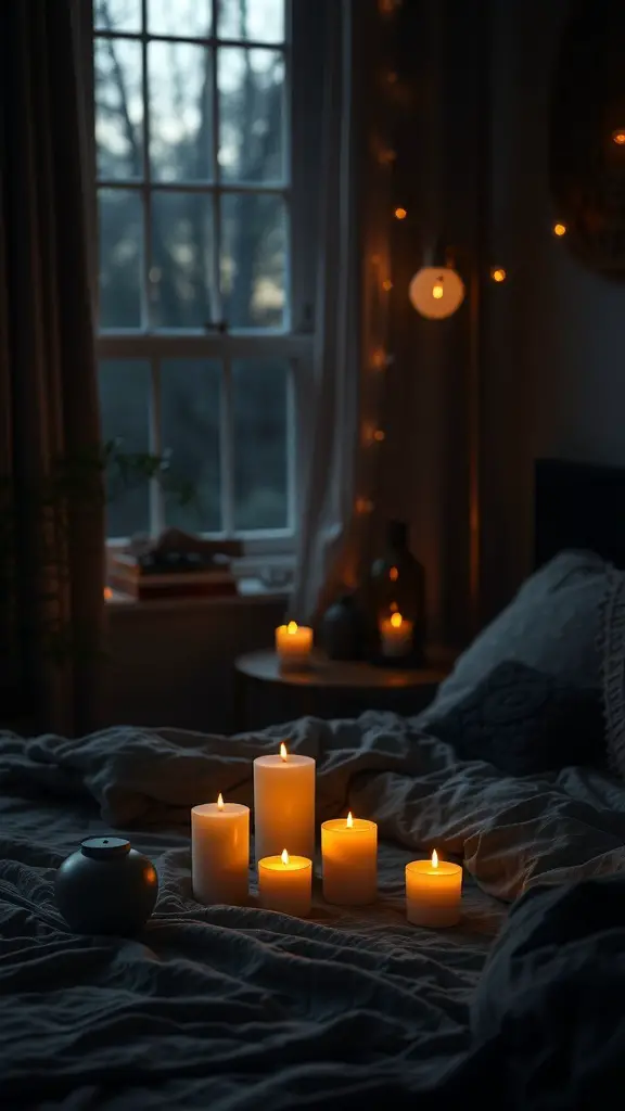31+ Dark Boho Bedroom Ideas 11 A cozy dark boho bedroom with candles and soft lighting