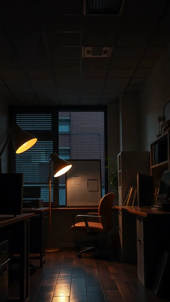 A moody office space with layered lighting from a floor lamp and natural light from a window.