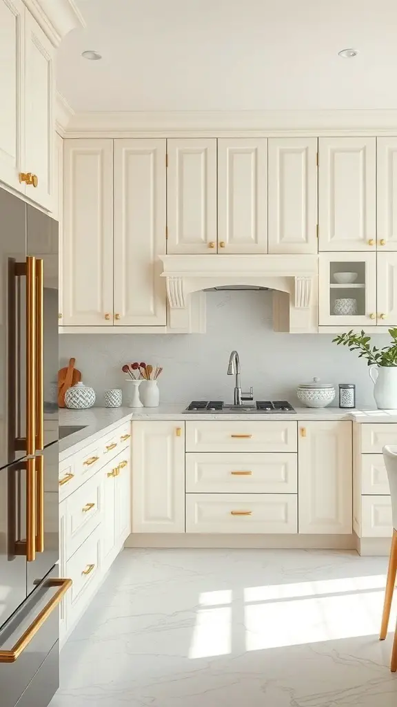 A kitchen featuring cream cabinets with gold accents, showcasing a modern and elegant design.