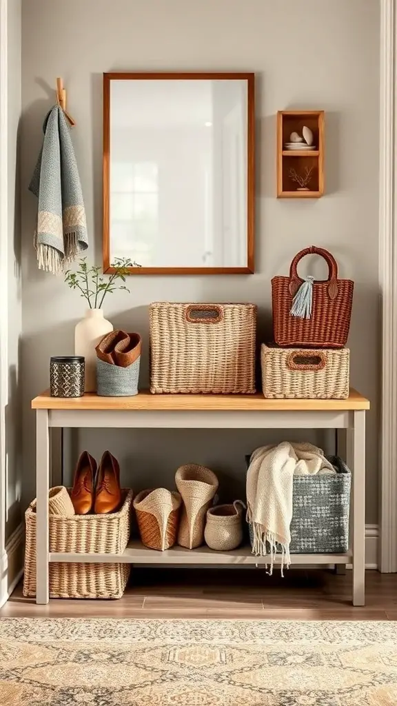 25+ Stunning Entryway Table Decor Ideas You’ll Love 6 A stylish entryway table with baskets, a mirror, and decorative items.