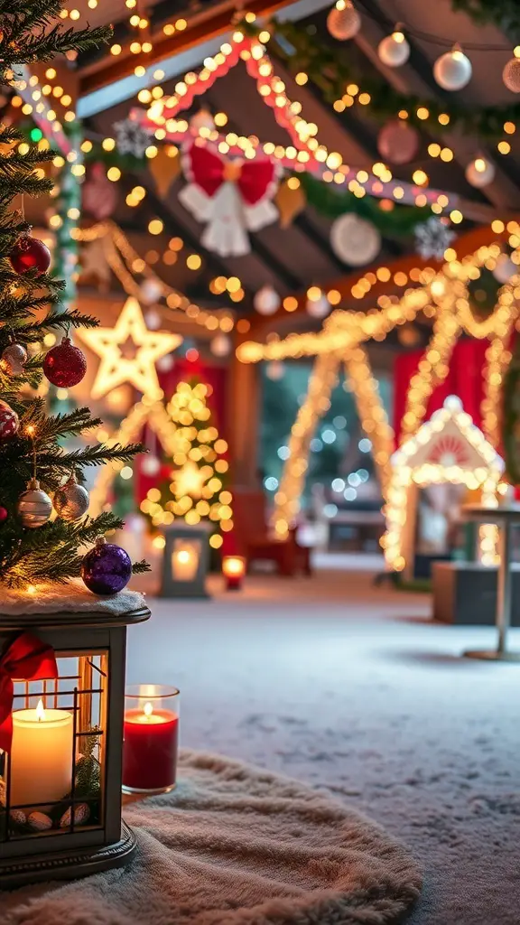 A cozy Christmas setup with layered lighting, featuring a decorated tree, candles, and fairy lights.