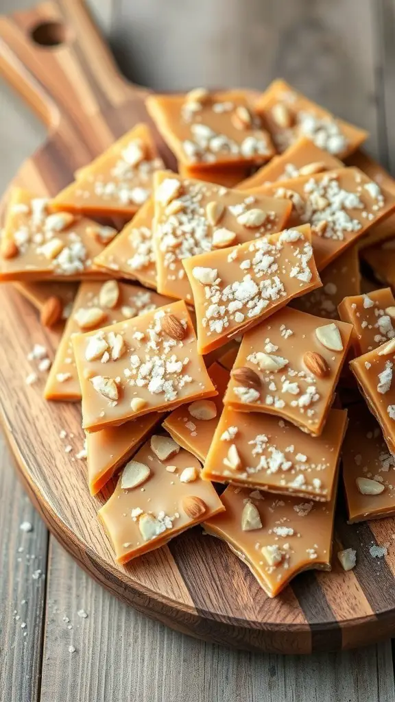 23+ Delightful Christmas Sweet Ideas You Must Try This Holiday Season 12 A wooden board with pieces of toffee almond bark topped with sea salt and almonds.