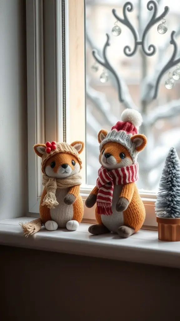 29+ Creative Winter Window Decoration Ideas for a Cozy Home 15 Two whimsical fox figurines dressed in winter attire on a windowsill, with a snowy background.