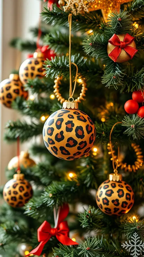 29+ Stunning Leopard Christmas Decor Ideas to Elevate Your Holiday Style 6 Leopard print ornaments hanging on a Christmas tree