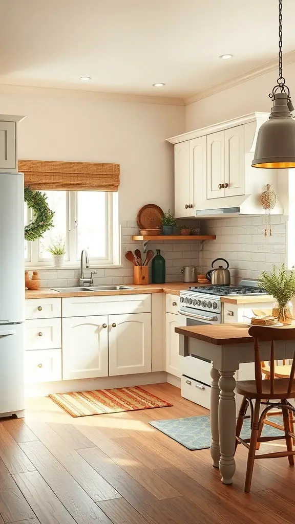 Cozy kitchen with off white cabinets and wooden accents