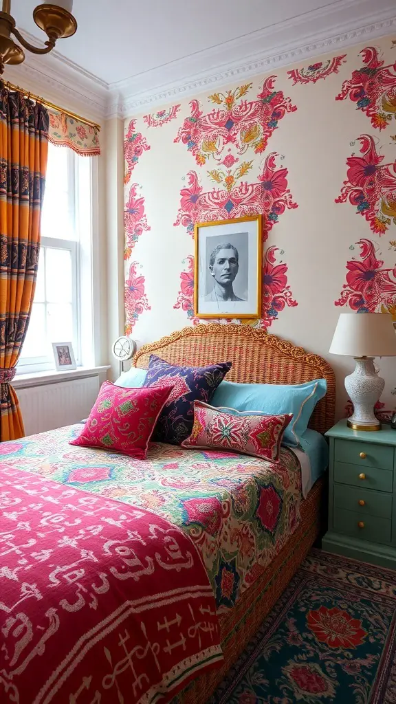 29+ Stunning Upholstered Beds for a Cozy Bedroom Makeover 13 A vibrant bedroom featuring an upholstered bed with colorful bedding and floral wallpaper.