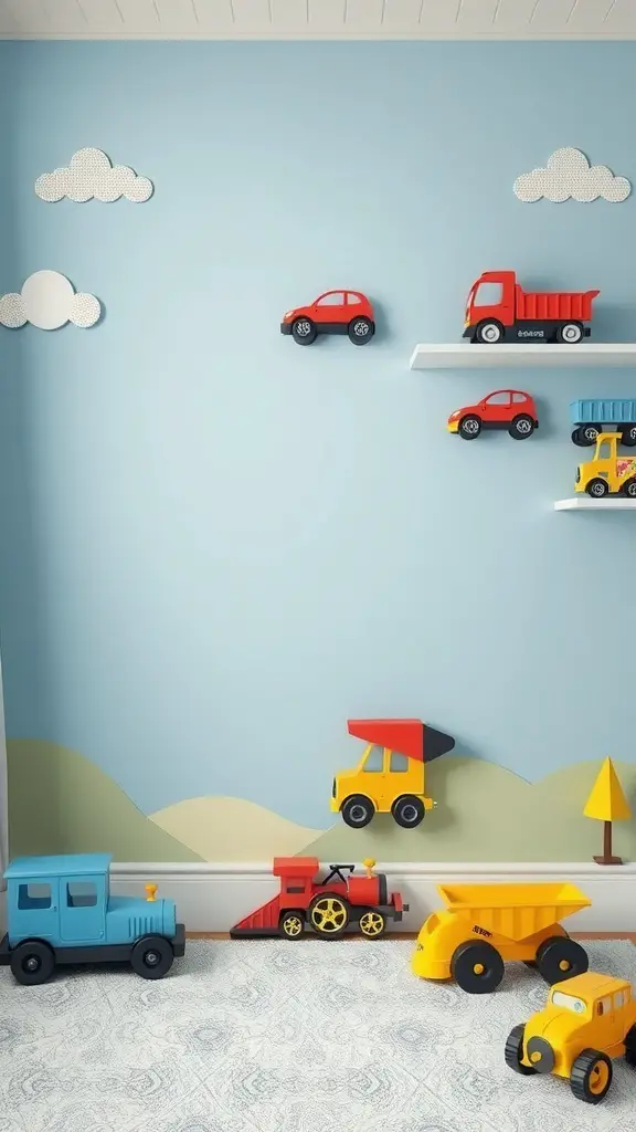 A toddler boy's room featuring a transportation motif with colorful toy vehicles on blue walls and shelves.