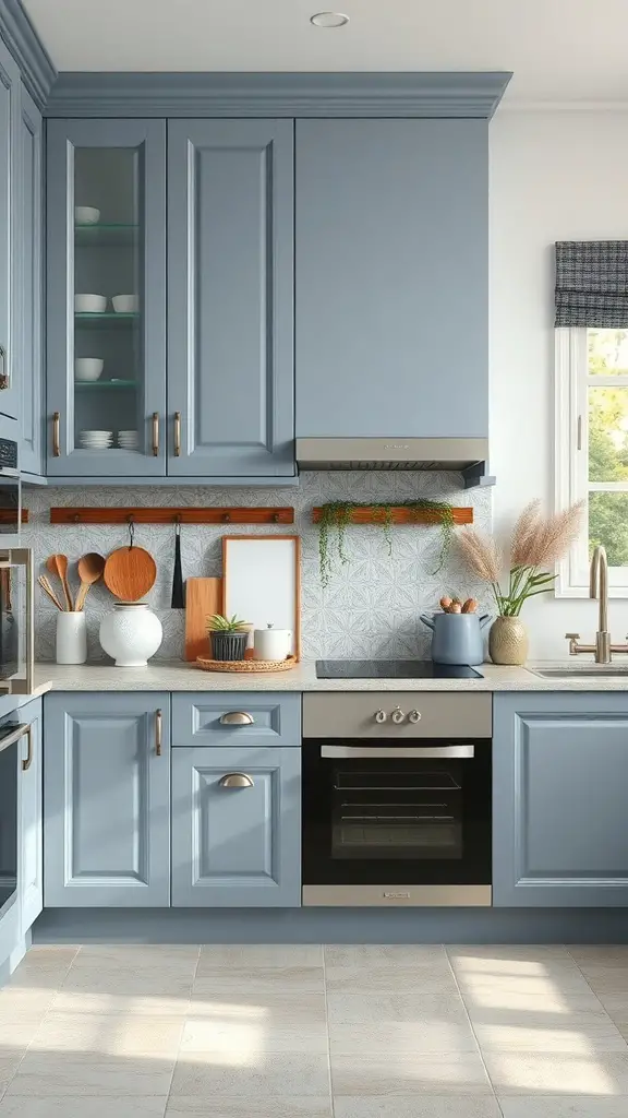 29+ Stunning Blue Gray Kitchen Cabinets to Transform Your Space 16 A kitchen featuring blue gray cabinets, wooden accents, and decorative items.