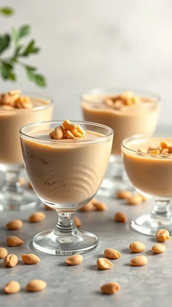 Four glasses of peanut butter mousse topped with peanuts on a gray surface